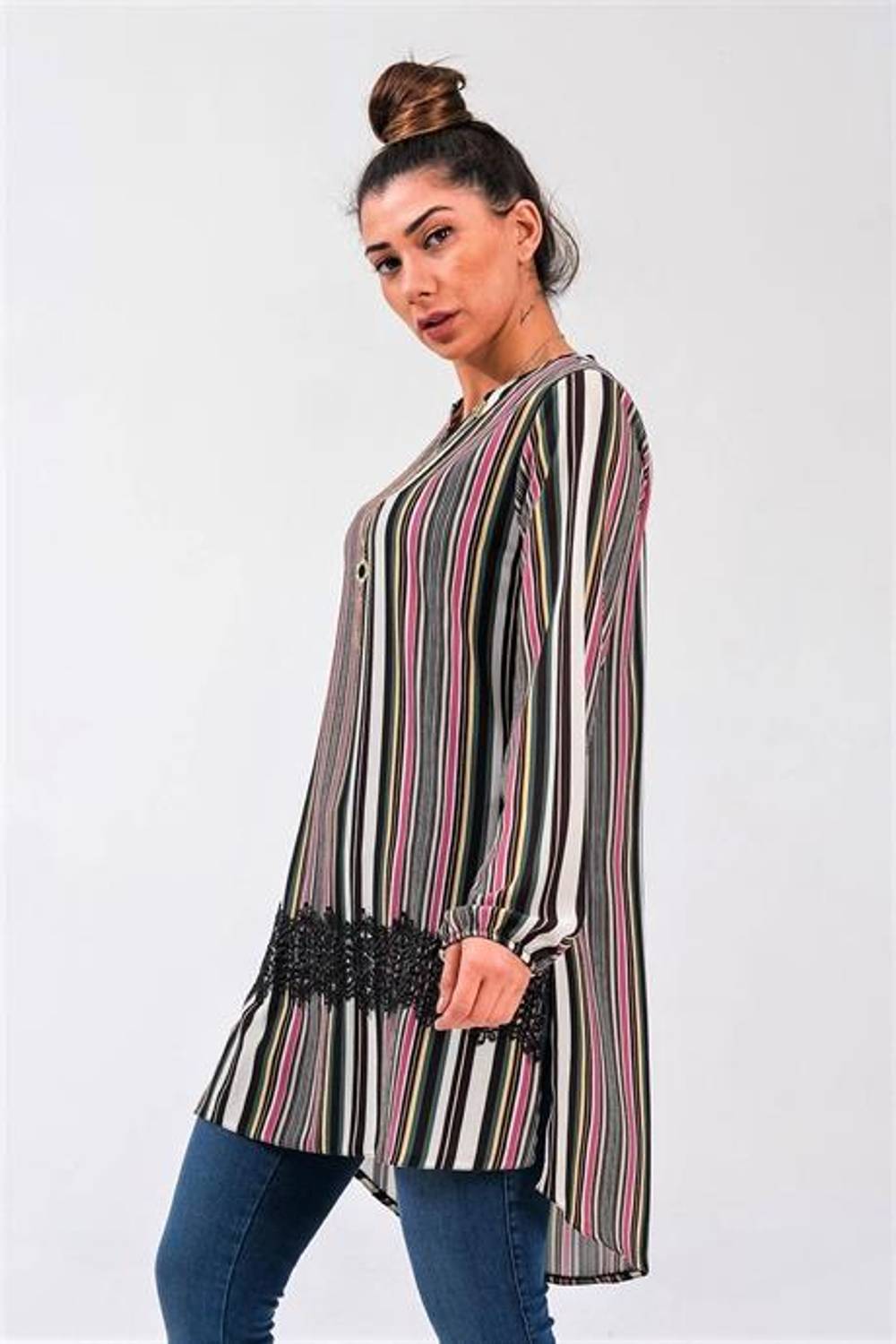 Markano Pembe Çizgili Kolları Lastikli Eteği Güpür Detay Kolyeli Tunik