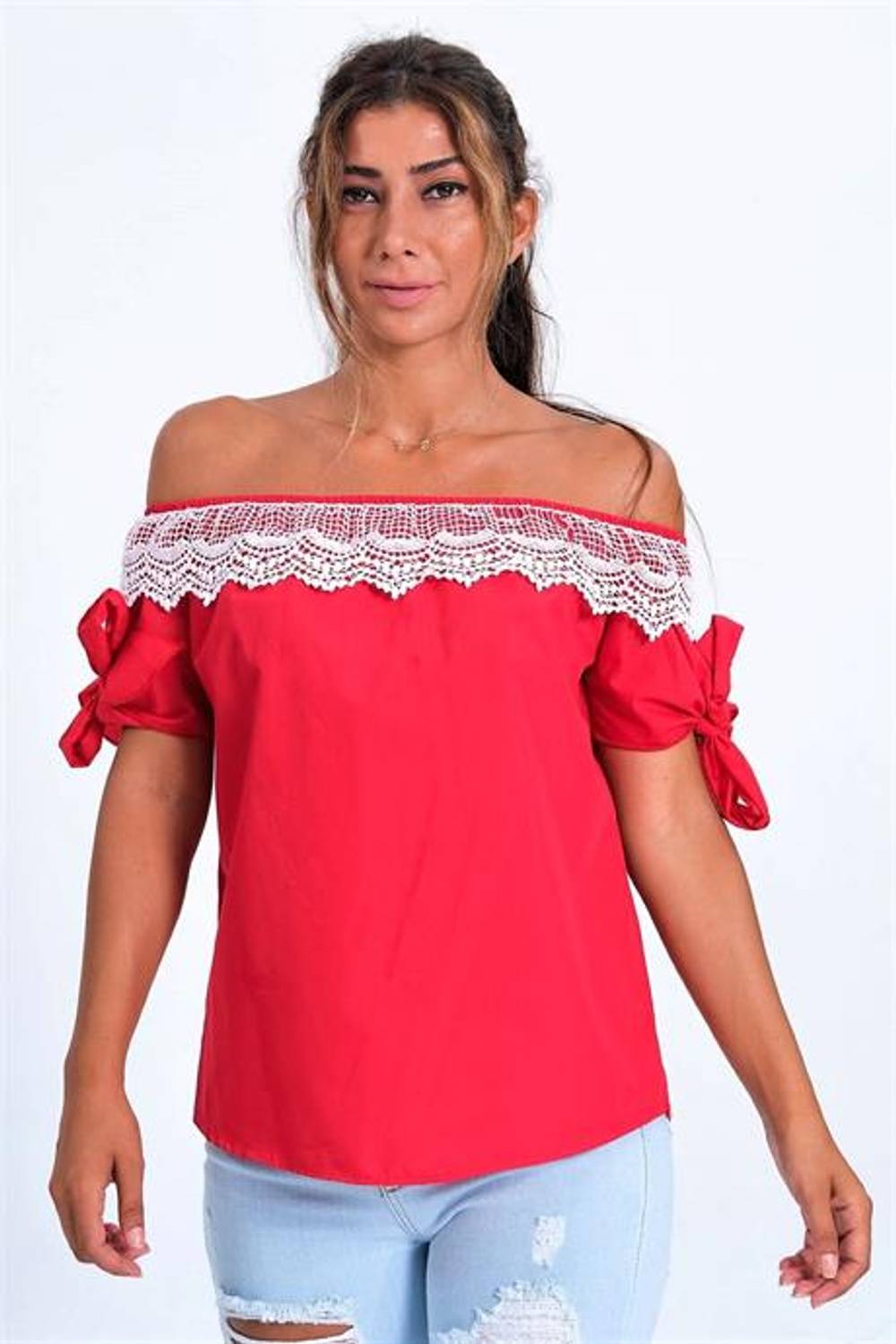 Markano Kırmızı Carmen Yaka Dantel Detaylı Kolları Bağlamalı Bluz