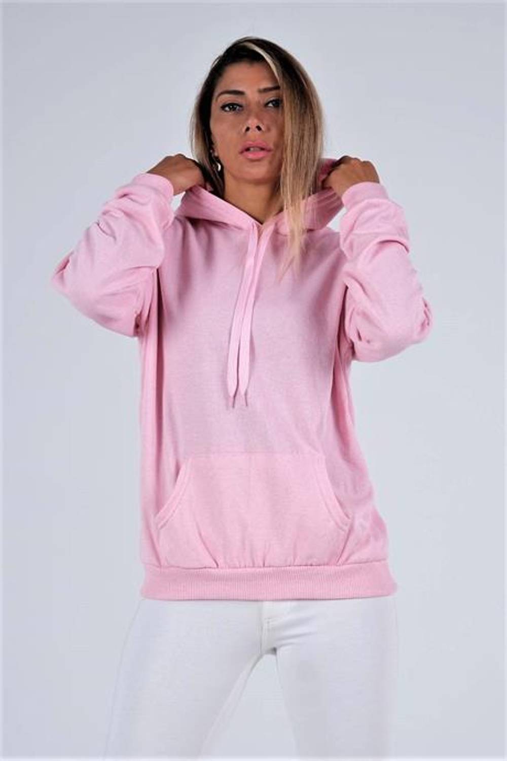 Markano Pembe Kapüşonlu Kanguru Cepli Şardonlu Sweatshirt