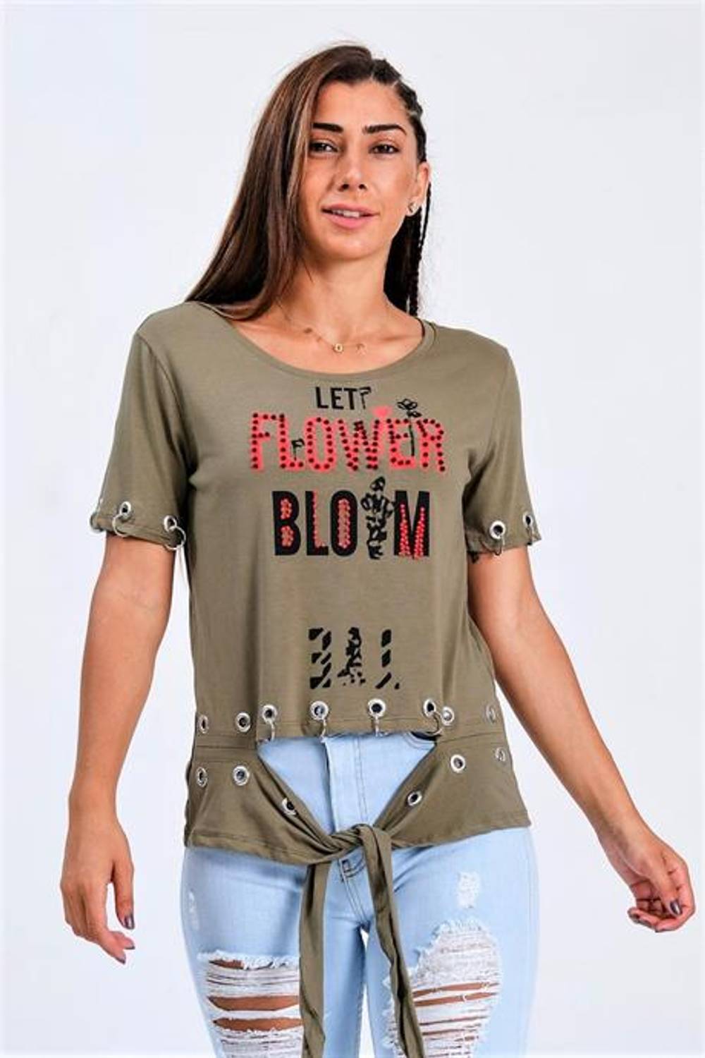 Markano Yeşil Kuş Gözü Detaylı Önden Bağlamalı Yazılı Taşlı T-Shirt