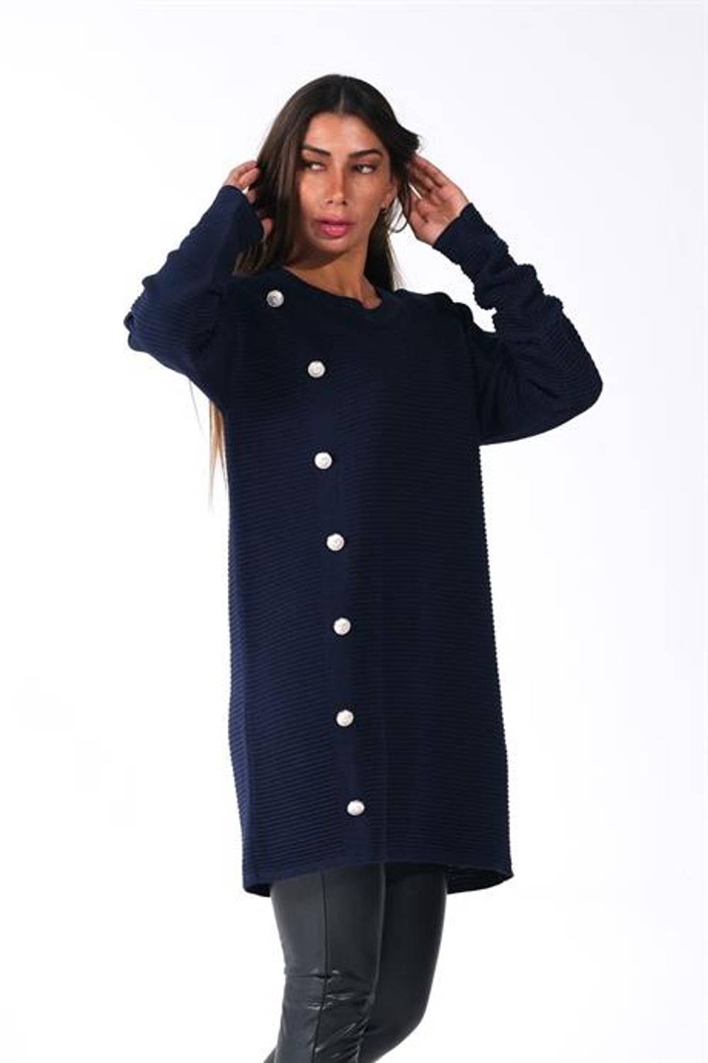 Markano Lacivert Bisiklet Yaka Fitilli Düğme Detaylı Triko Kazak 