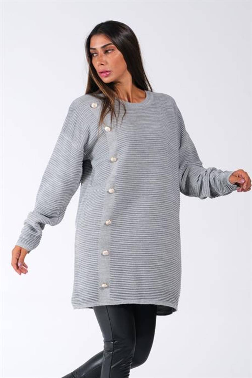 Markano Gri Bisiklet Yaka Fitilli Düğme Detaylı Triko Kazak 