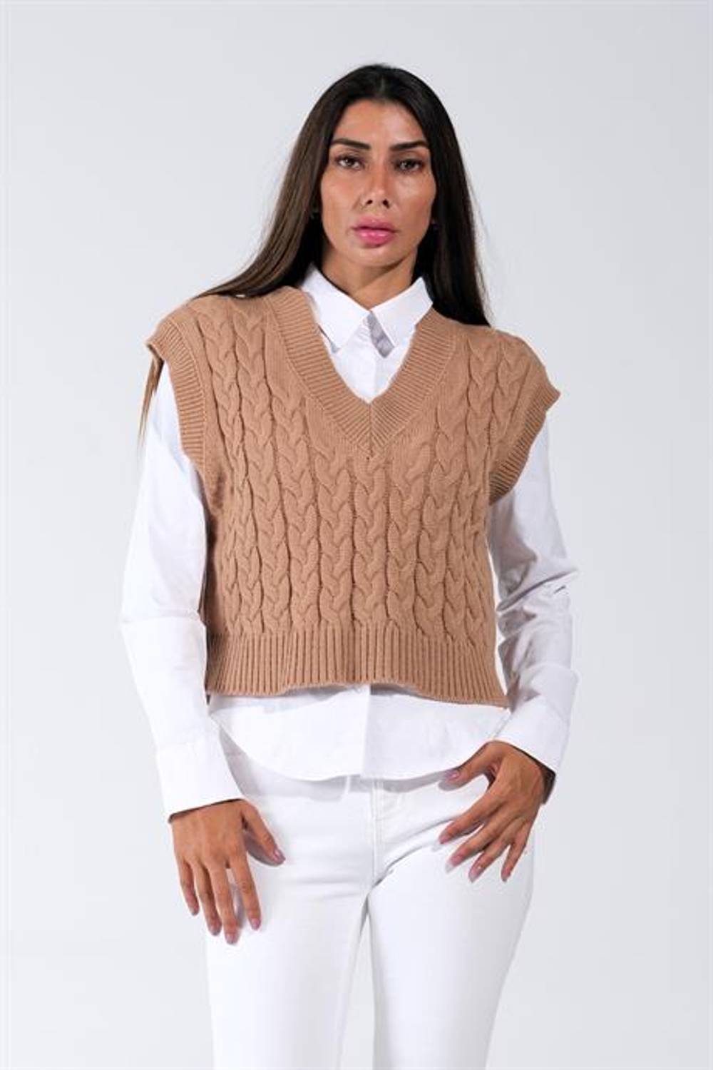 Markano Kahverengi V Yaka Crop Saç Örgü Triko Süveter