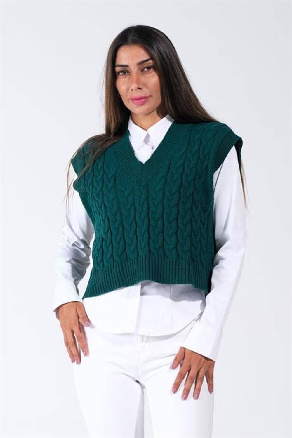 Markano Haki V Yaka Crop Saç Örgü Triko Süveter