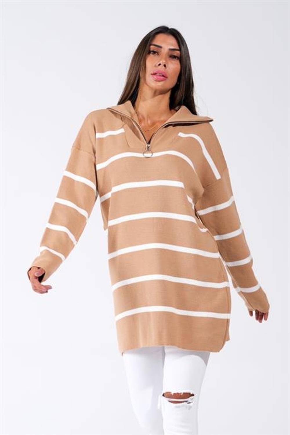 Markano Kahverengi Çizgili Dik Yaka Fermuarlı Triko Tunik Kazak