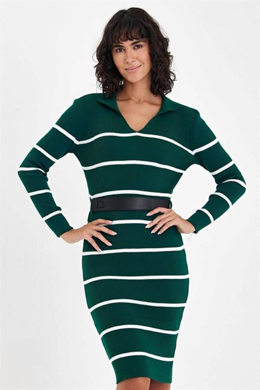Markano Haki Çizgili V Yaka Kemerli Diz Boyu Triko Elbise