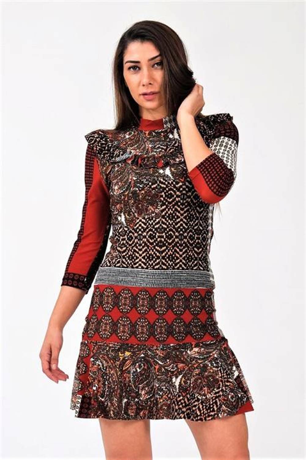 Markano Bordo Patchwork Uzun Kollu Fırfır Detaylı Kısa Elbise