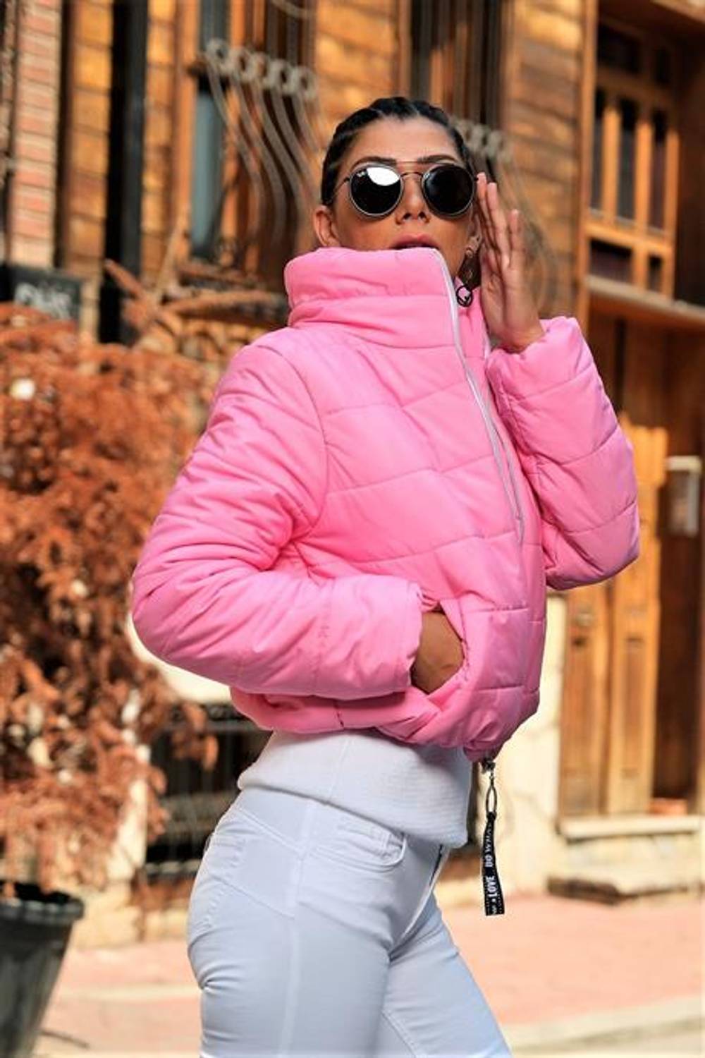 Markano Açık Pembe Dik Yaka Su Geçirmez Kısa Şişme Mont