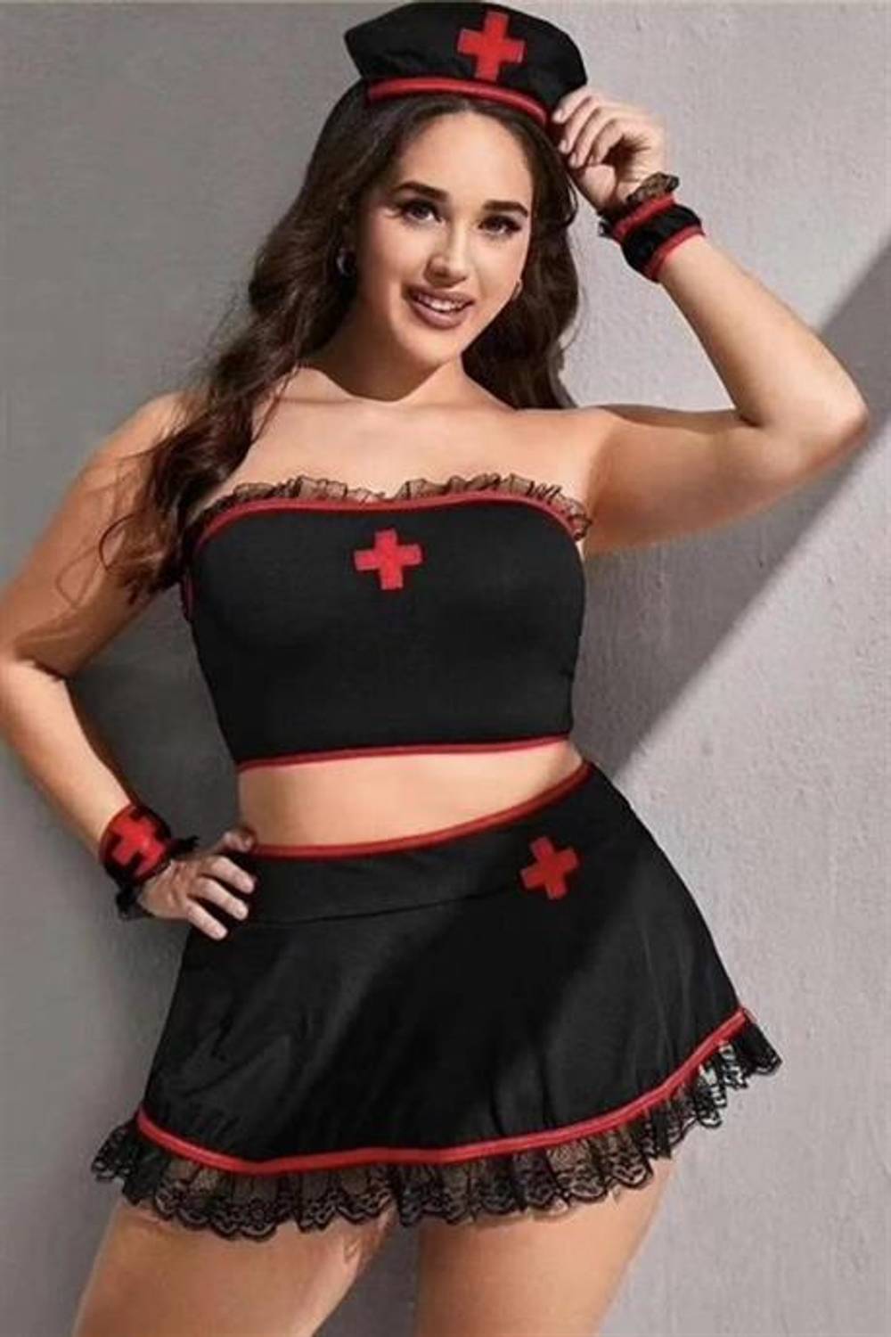 Markano  Büyük Beden Siyah Penye ve Dantelli Şık Hemşire Kostümü