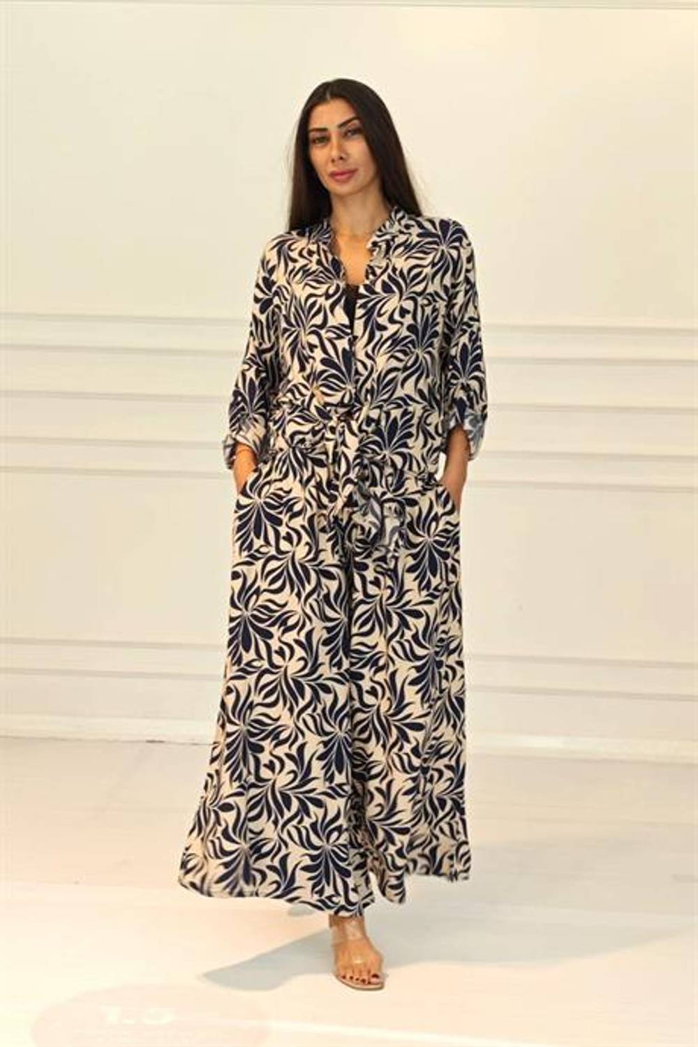 Markano Lacivert Desenli Kolu Apoletli Cepli Gömlek Pantolon Takım 