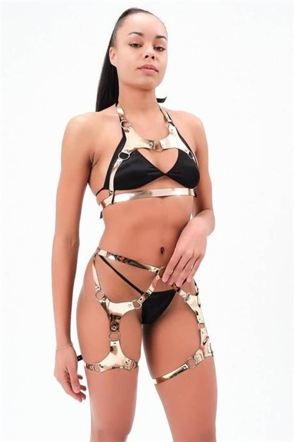 Markano  Deri Jartiyerli Gold Renk Harness Deri Takım