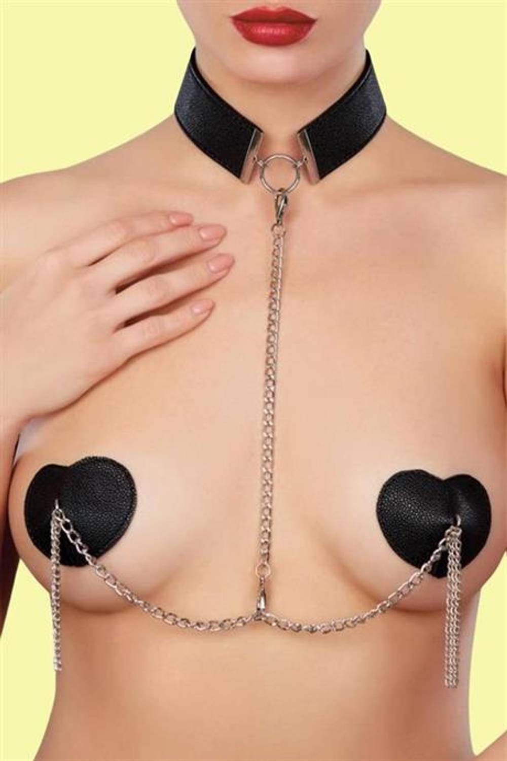 Markano  Kalpli Göğüs Ucu ve Boyun Tasmalı Zincirli Deri Harness