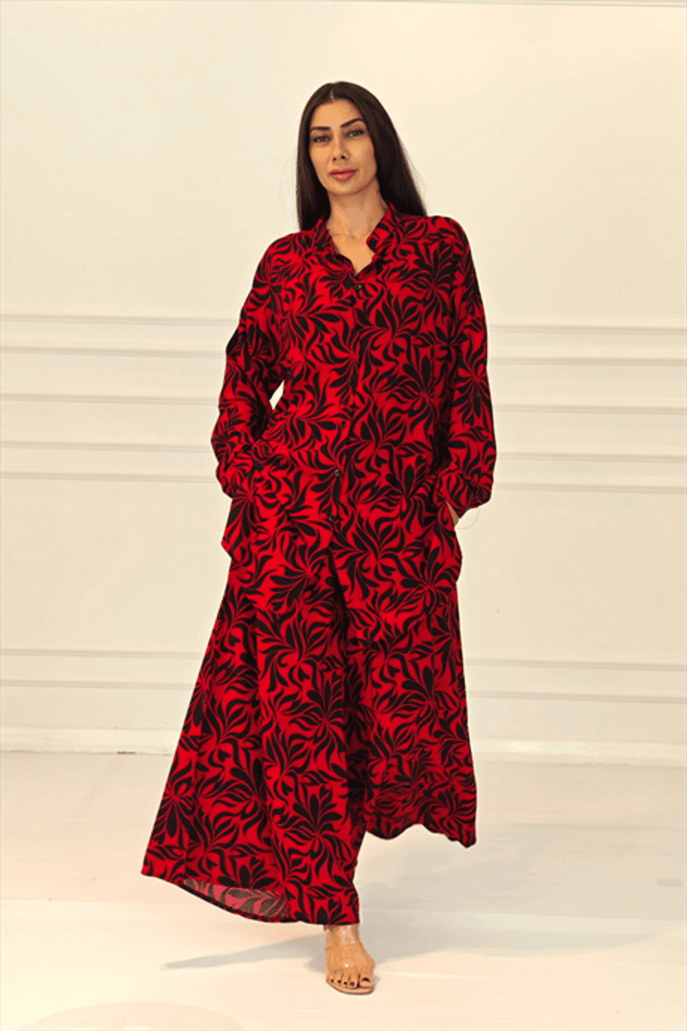 Markano Kırmızı Desenli Kolu Apoletli Cepli Gömlek Pantolon Takım