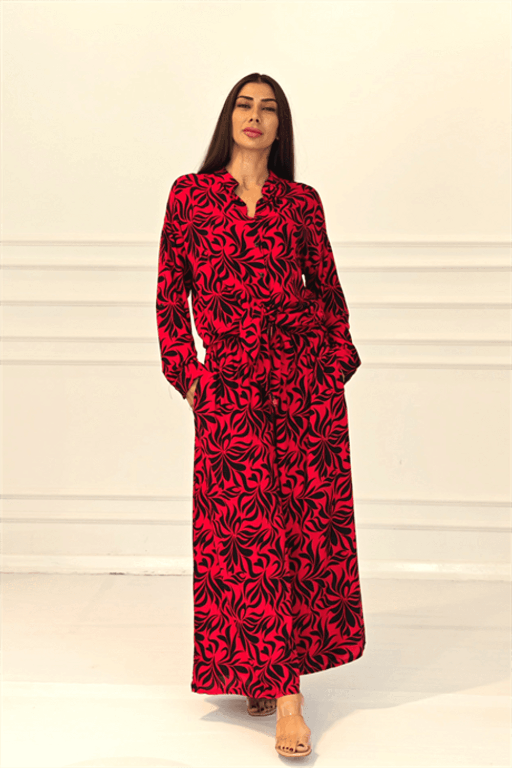 Markano Fuşya Desenli Kolu Apoletli Cepli Gömlek Pantolon Takım