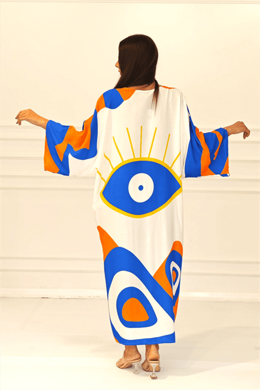 Markano Turuncu Desenli Sırtı Göz Baskılı Cepli Oversize Uzun Gömlek Elbise