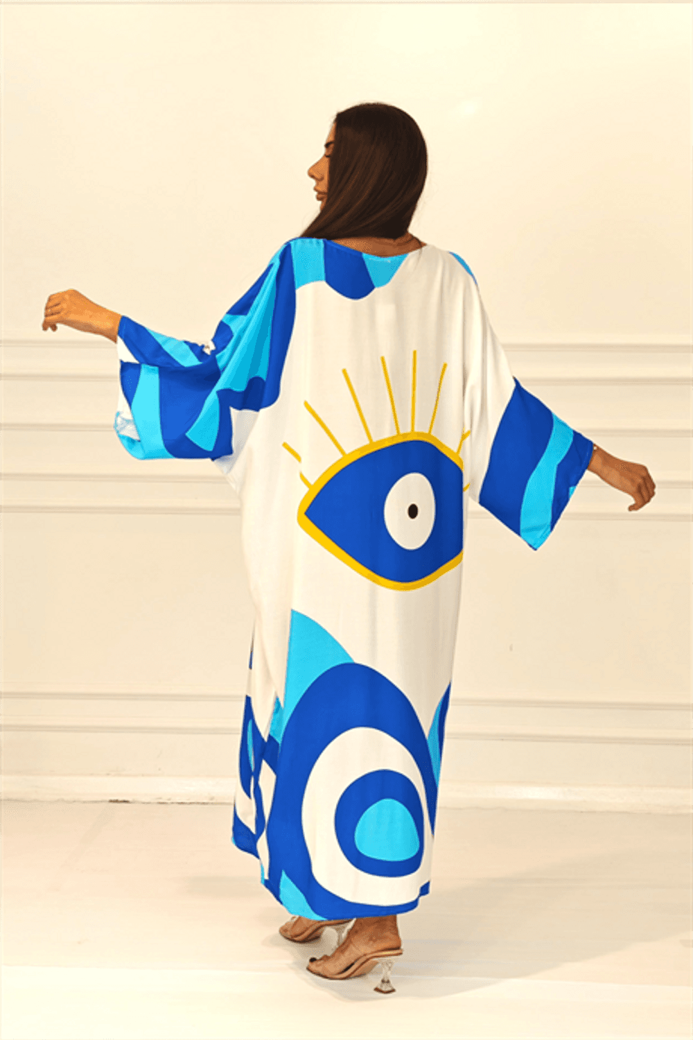 Markano Mavi Desenli Sırtı Göz Baskılı Cepli Oversize Uzun Gömlek Elbise