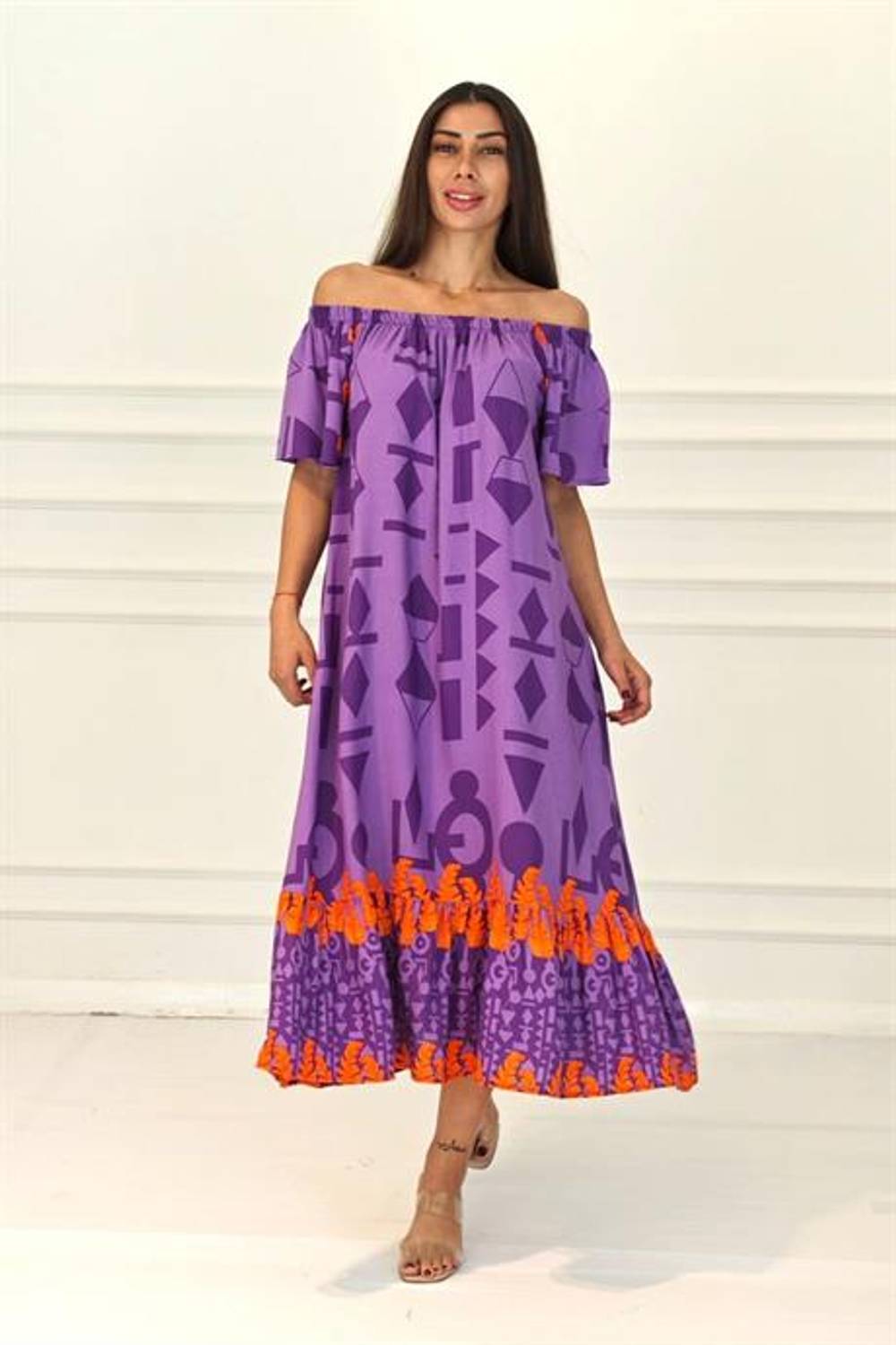 Markano Mor Madonna Yaka Desenli Etekleri Fırfırlı Cepli Uzun Elbise