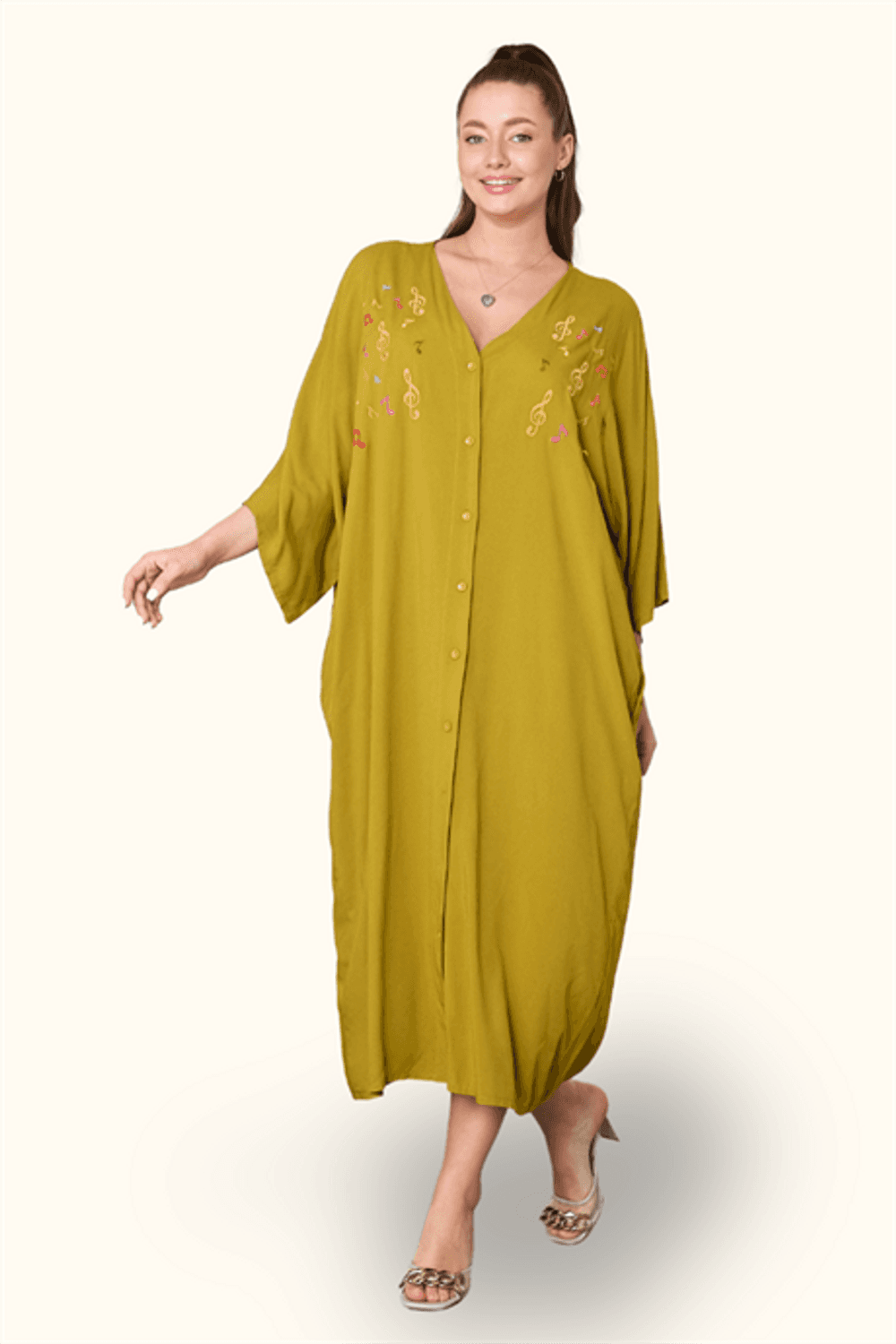 Markano Hardal Rengi V Yaka Önü Nota Nakışlı Cepli Oversize Uzun Gömlek Elbise