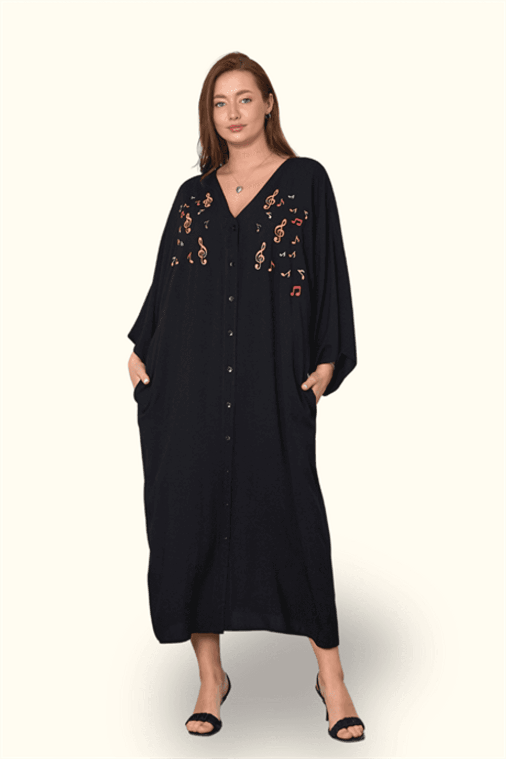 Markano Siyah V Yaka Önü Nota Nakışlı Cepli Oversize Uzun Gömlek Elbise