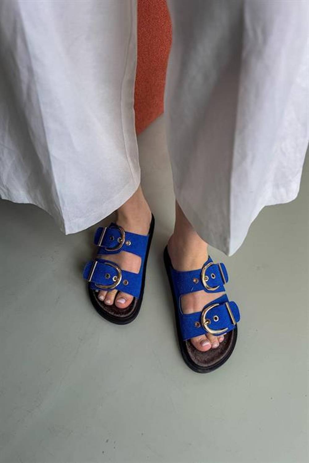 Markano Boris Mavi Çift Toka Detaylı Kadın Terlik
