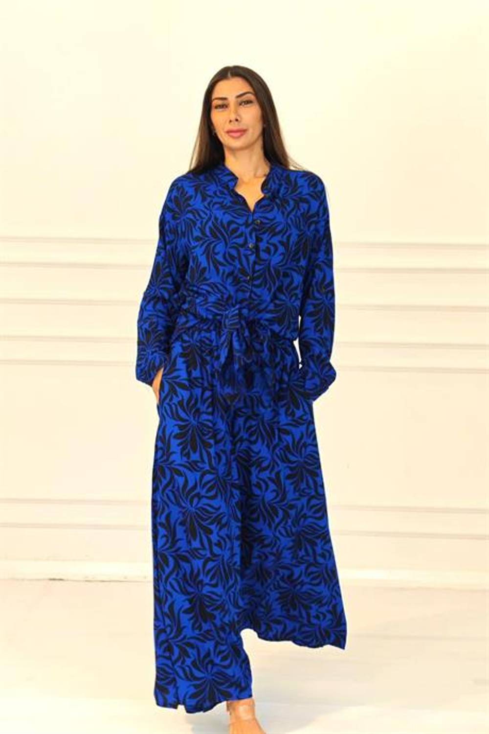 Markano Saks Mavi Desenli Kolu Apoletli Cepli Gömlek Pantolon Takım