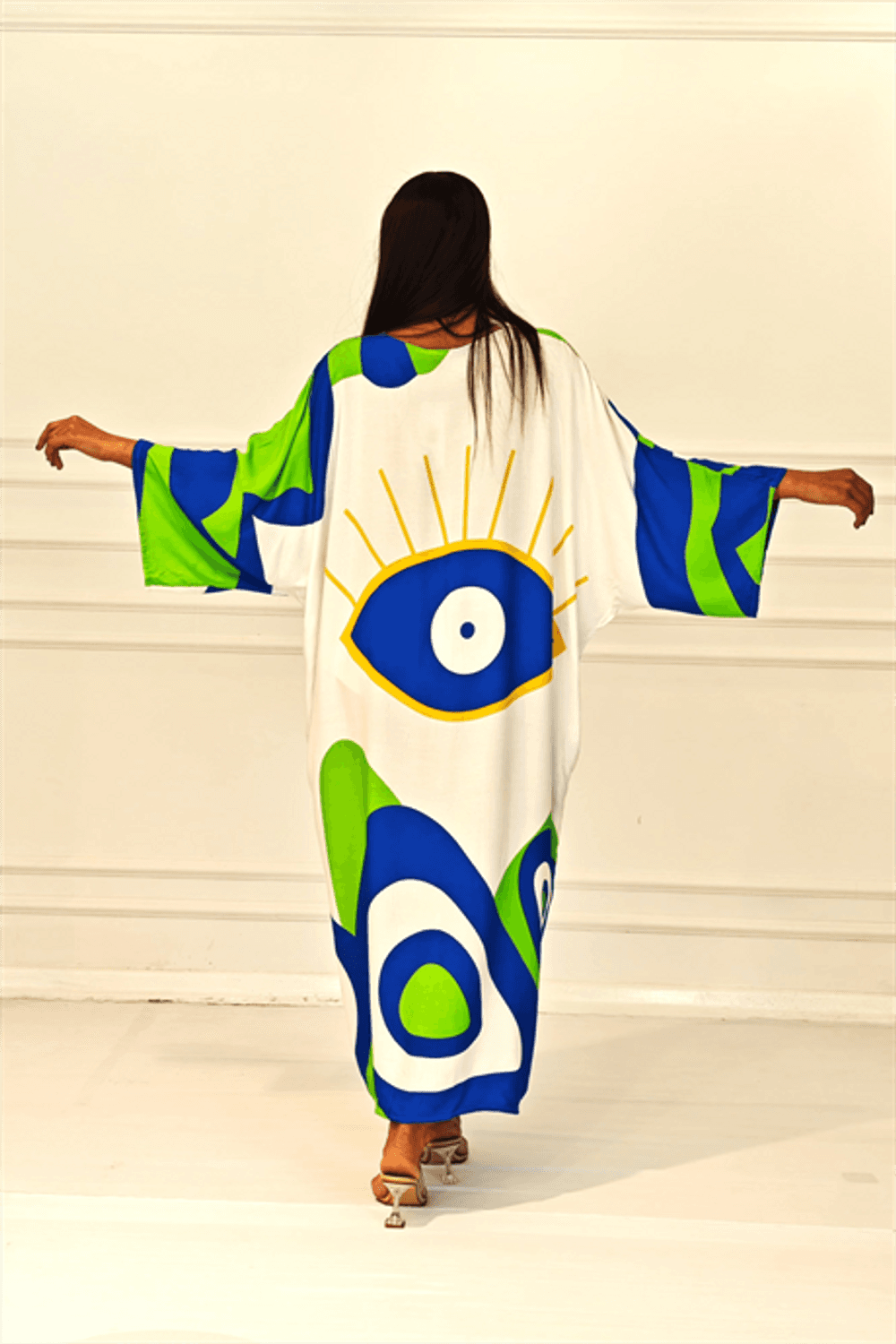 Markano Yeşil Desenli Sırtı Göz Baskılı Cepli Oversize Uzun Gömlek Elbise