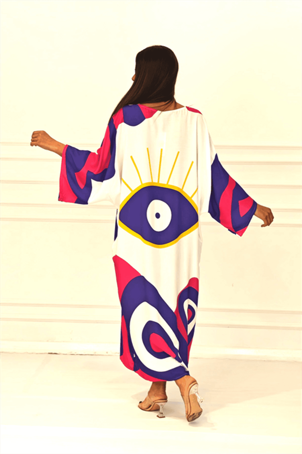 Markano Fuşya Desenli Sırtı Göz Baskılı Cepli Oversize Uzun Gömlek Elbise