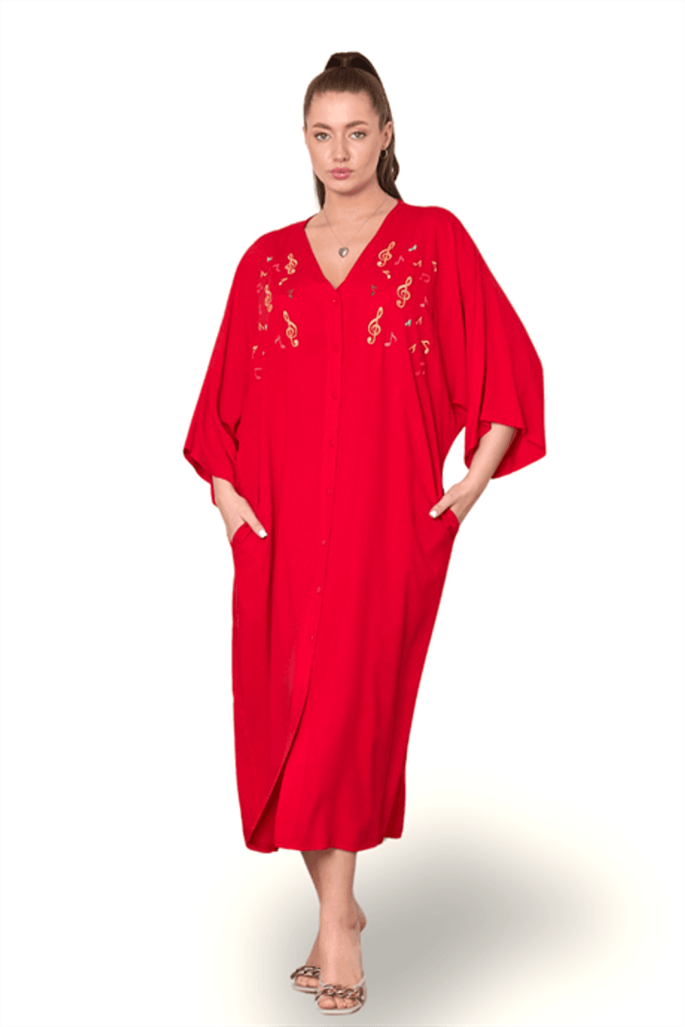 Markano Kırmızı V Yaka Önü Nota Nakışlı Cepli Oversize Uzun Gömlek Elbise