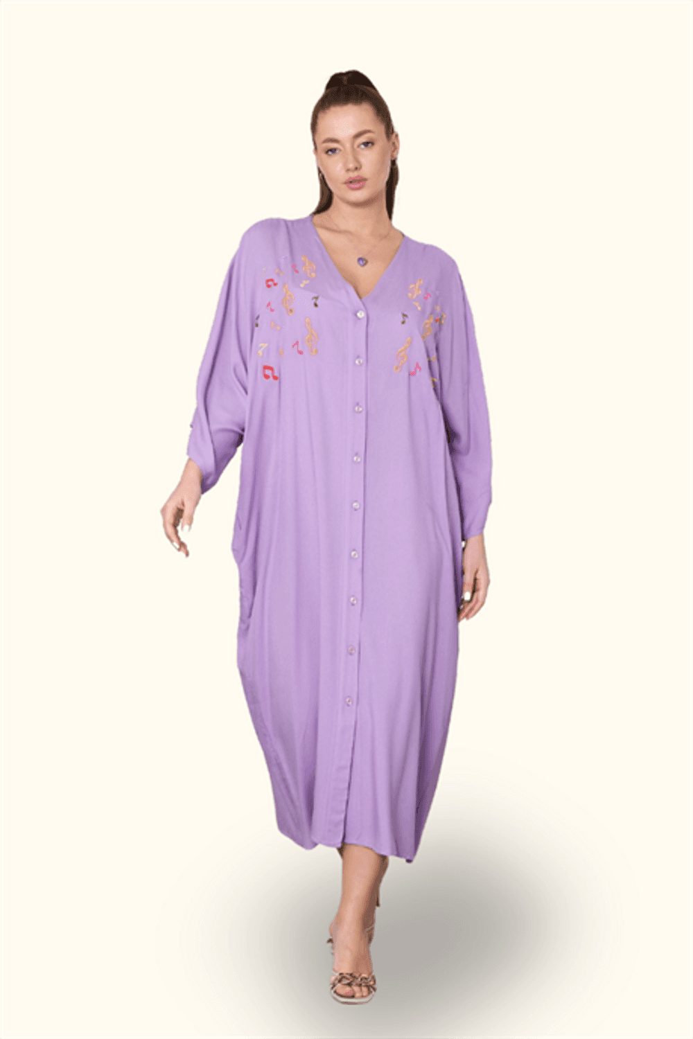 Markano Lila V Yaka Önü Nota Nakışlı Cepli Oversize Uzun Gömlek Elbise