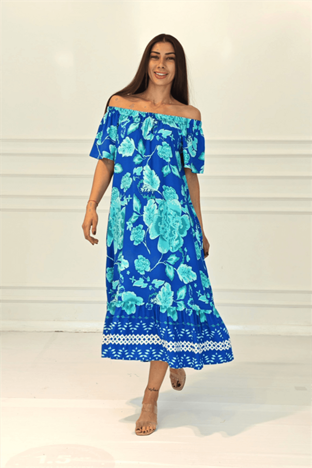 Markano Mavi Çiçekli Madonna Yaka Etekleri Fırfırlı Cepli Uzun Elbise