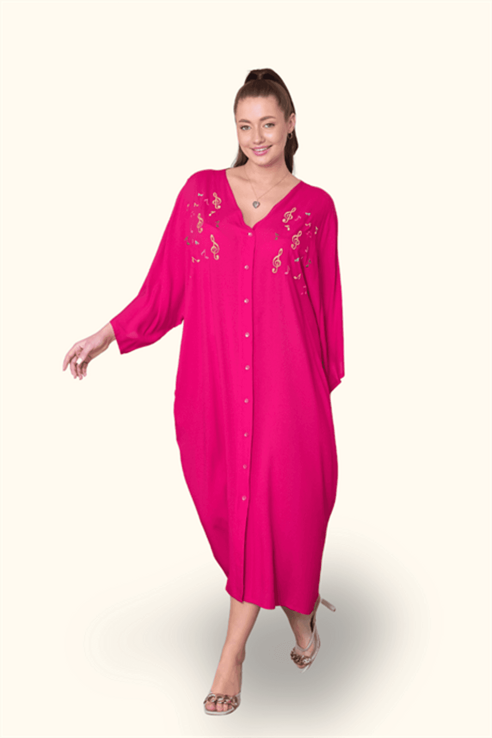 Markano Fuşya V Yaka Önü Nota Nakışlı Cepli Oversize Uzun Gömlek Elbise