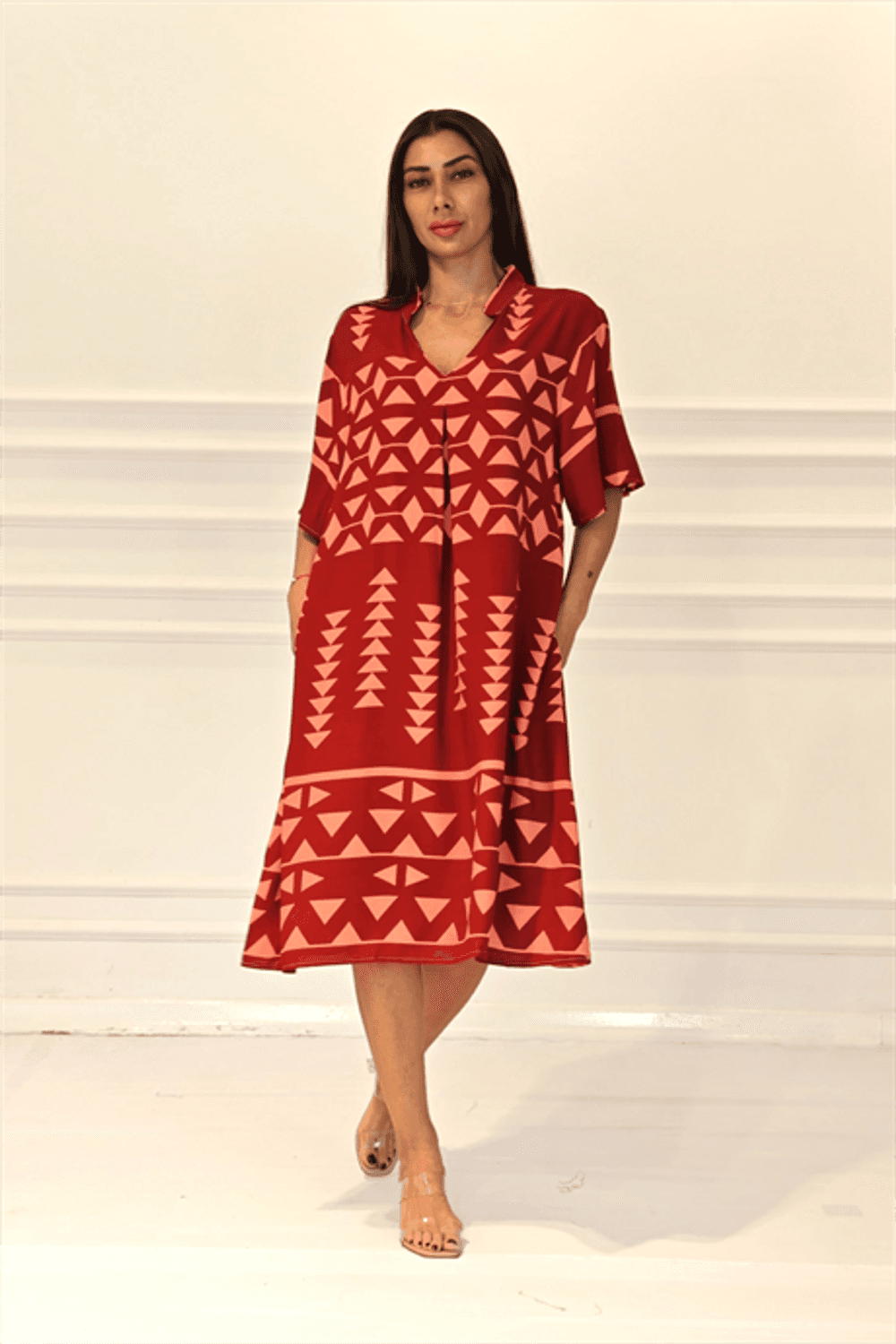 Markano Kiremit Rengi V Yaka Desenli Cepli Midi Elbise