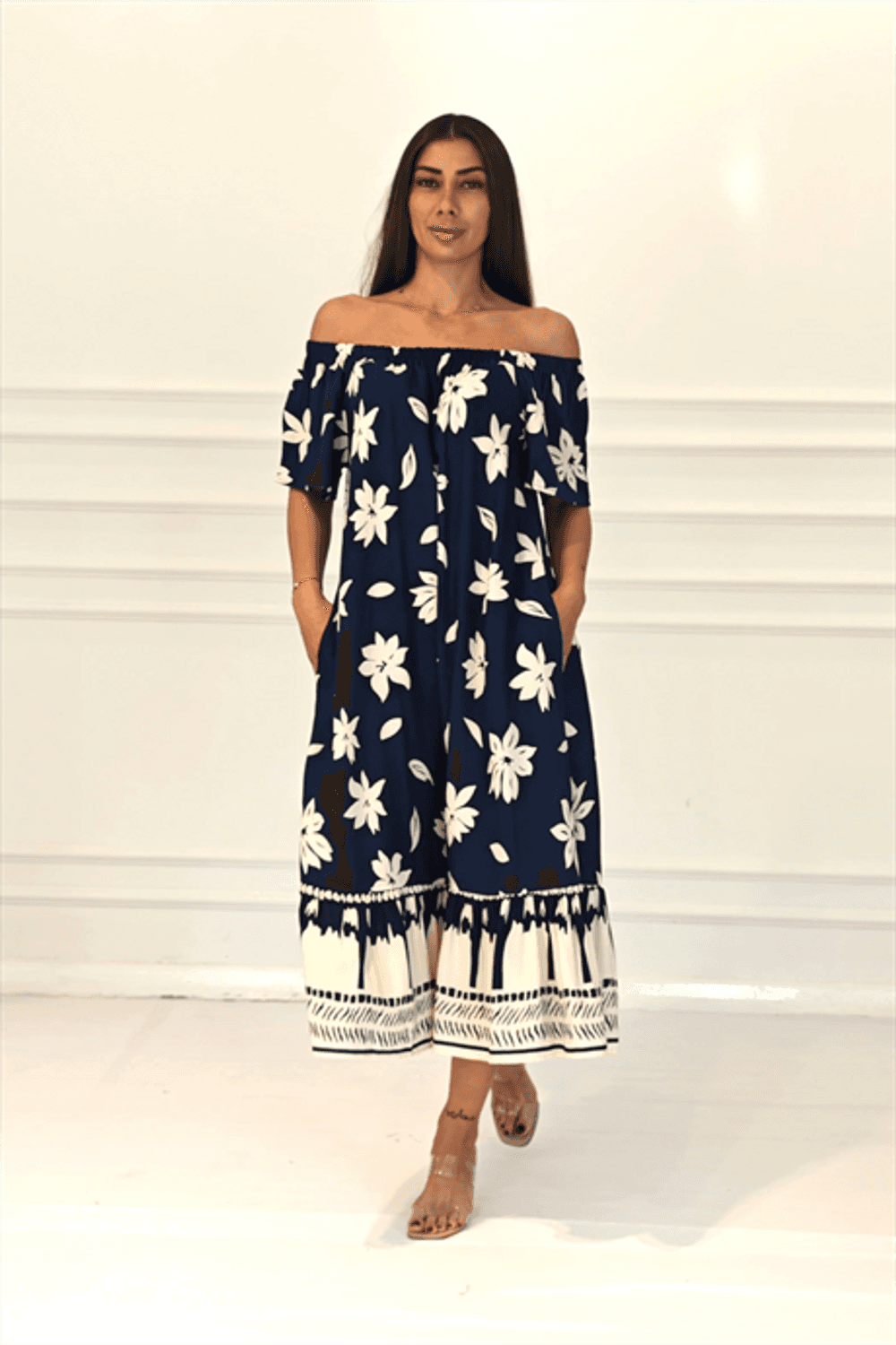 Markano Lacivert Çiçekli Madonna Yaka Etekleri Fırfırlı Cepli Uzun Elbise