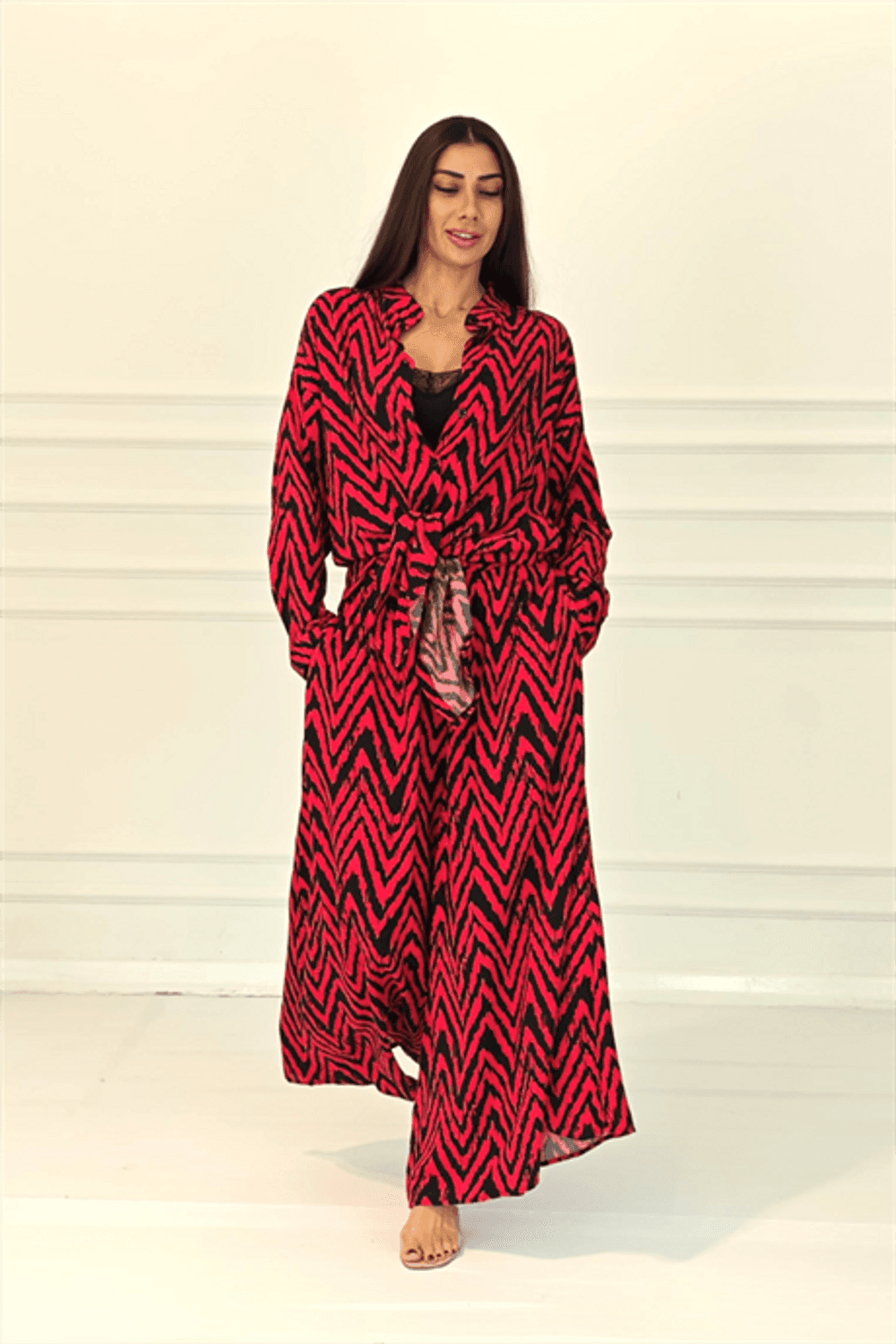 Markano Kırmızı Desenli Kolu Apoletli Cepli Gömlek Pantolon Takım