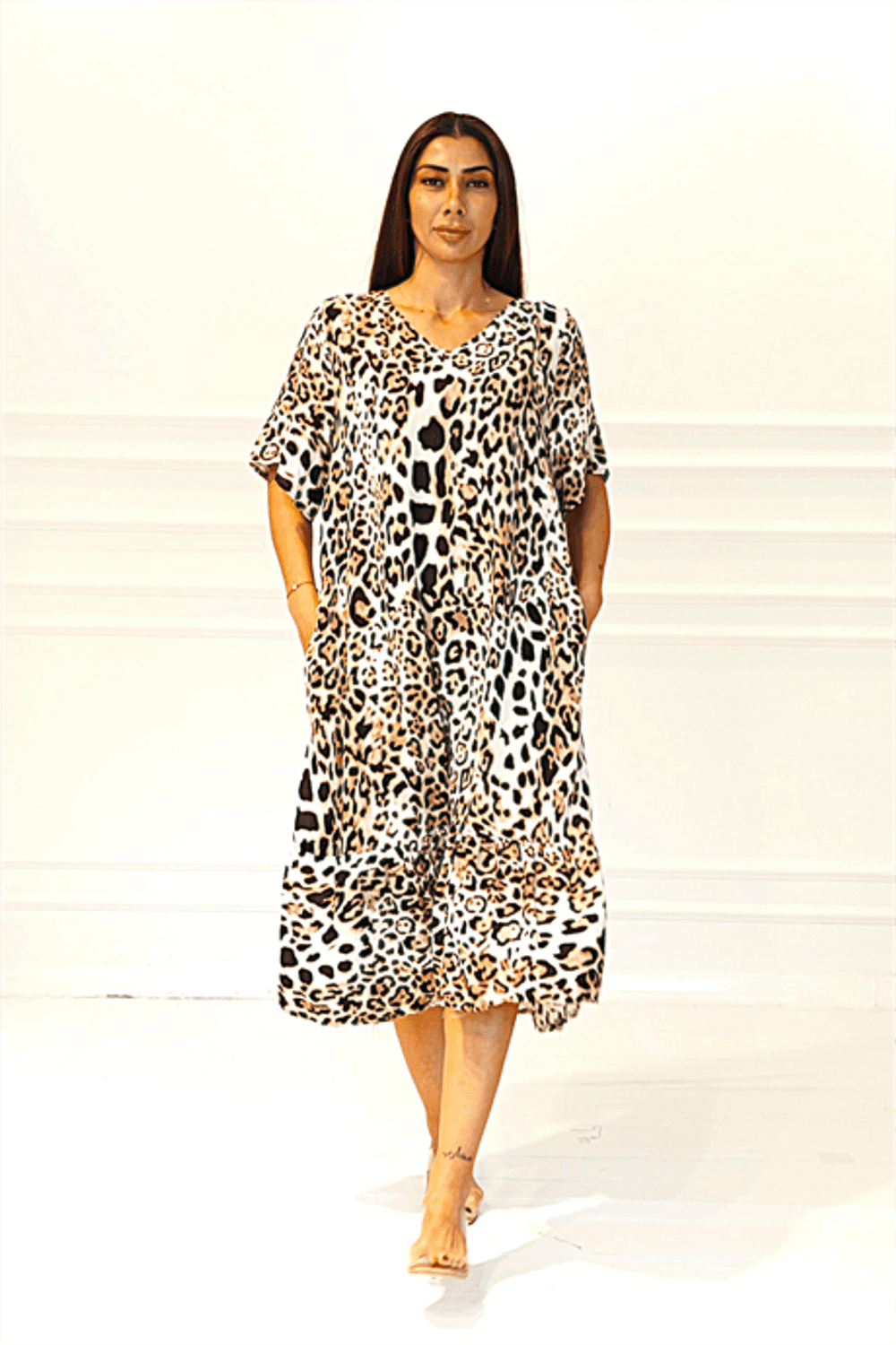 Markano Leopar Desenli V Yaka Cepli Etekleri Fırıfırlı Midi Elbise