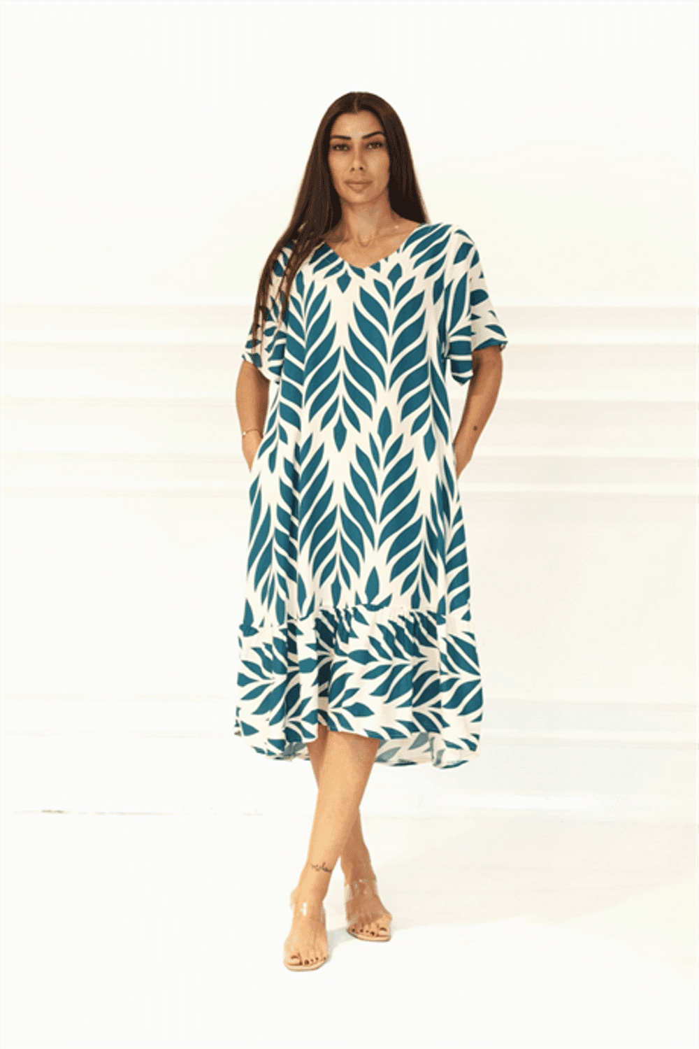 Markano Haki Desenli V Yaka Cepli Etekleri Fırıfırlı Midi Elbise