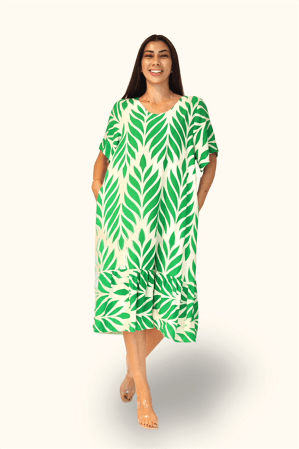 Markano Yeşil Desenli V Yaka Cepli Etekleri Fırıfırlı Midi Elbise