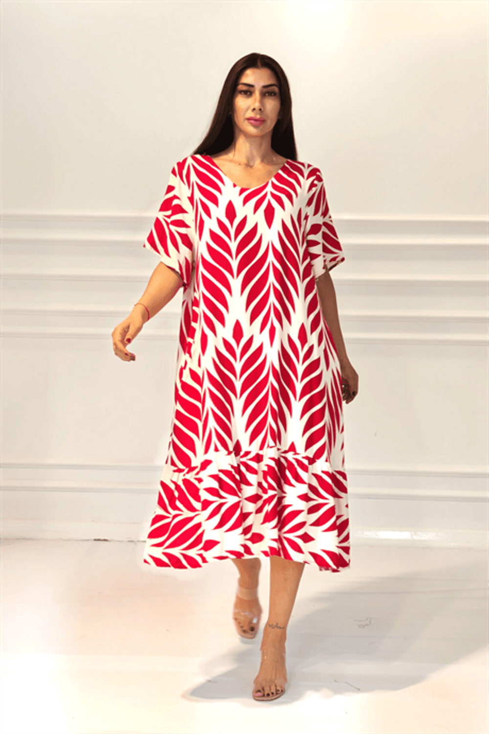 Markano Fuşya Desenli V Yaka Cepli Etekleri Fırıfırlı Midi Elbise