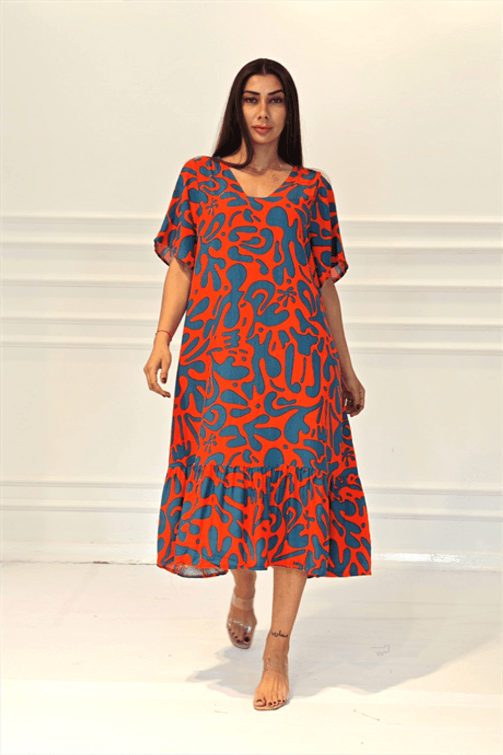 Markano Turuncu Desenli V Yaka Cepli Etekleri Fırıfırlı Midi Elbise