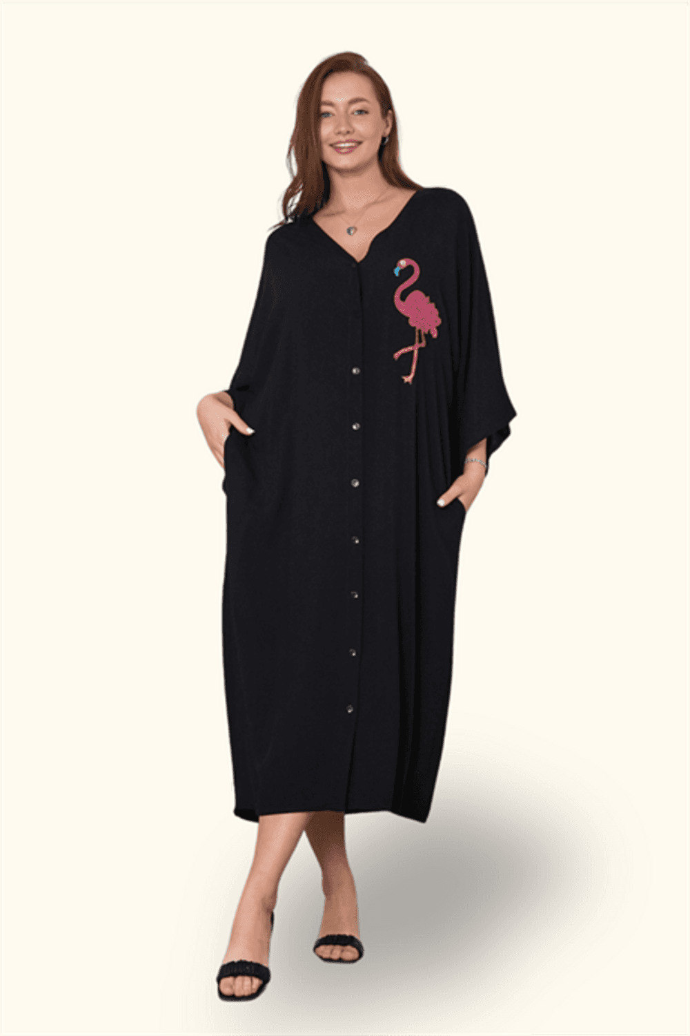Markano Siyah V Yaka Önü ve Sırtı Flamingo Nakışlı Cepli Oversize Uzun Gömlek Elbise