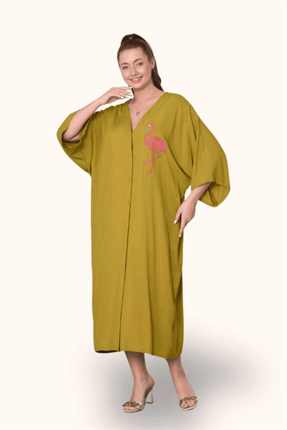 Markano Hardal Rengi V Yaka Önü ve Sırtı Flamingo Nakışlı Cepli Oversize Uzun Gömlek Elbise