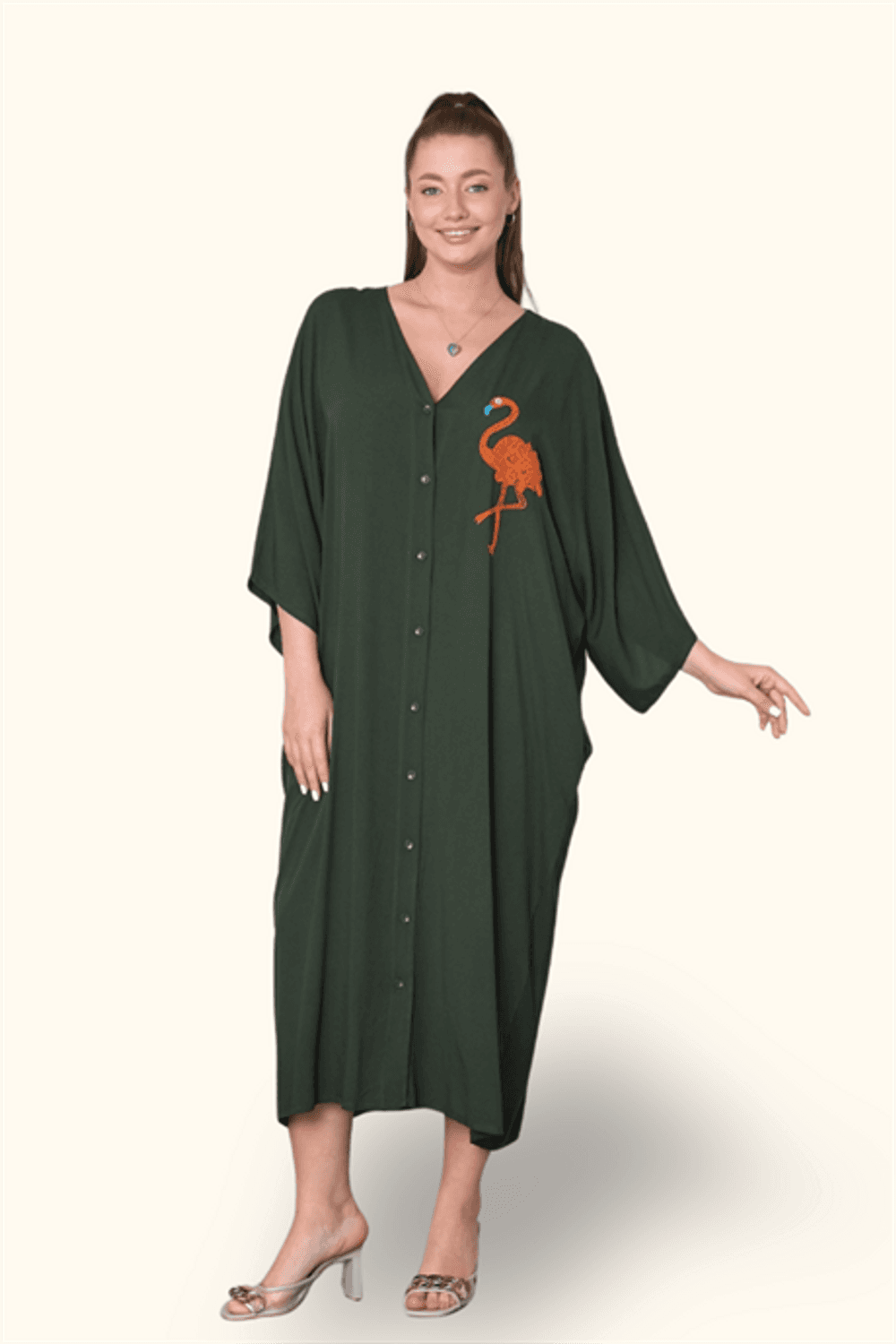 Markano Haki V Yaka Önü ve Sırtı Flamingo Nakışlı Cepli Oversize Uzun Gömlek Elbise