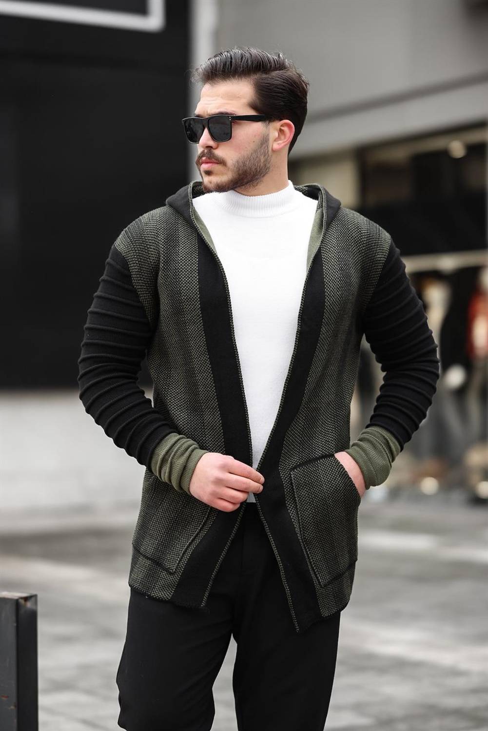 Khaki Men's Sleeves Patterned Poncho Cardigan