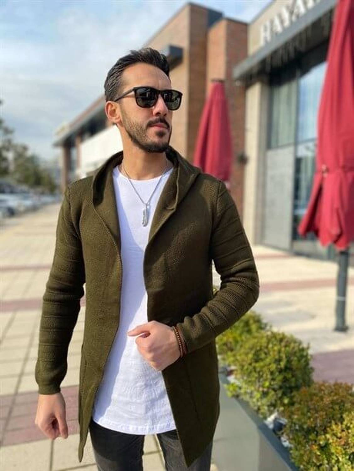 Khaki Men's Plain Poncho Cardigan