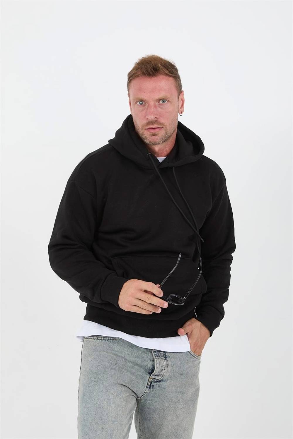 Siyah Erkek Oversize Kapüşonlu Kanguru Cepli Sweatshirt - Hoodie