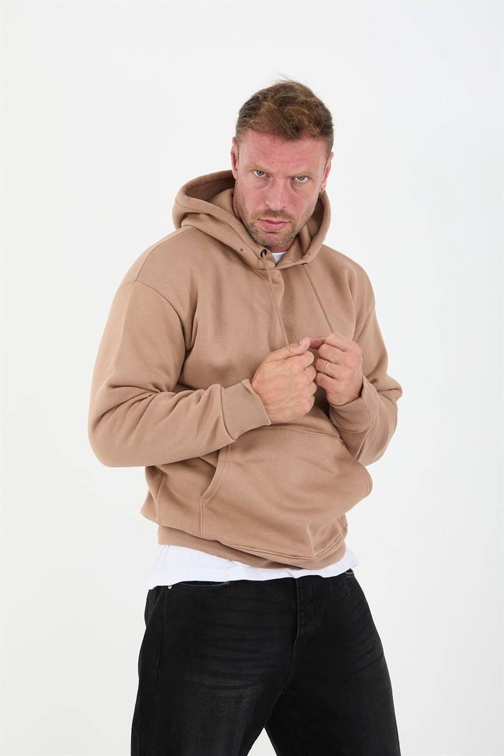 Beige Men's Oversize Hooded Kangaroo Pocket Sweatshirt - Hoodie