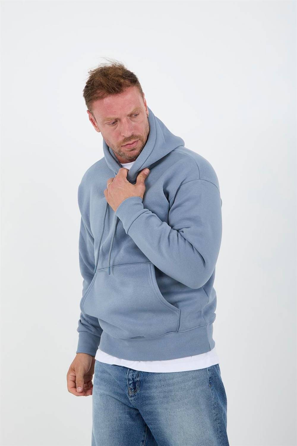 Açıkmavi Erkek Oversize Kapüşonlu Kanguru Cepli Sweatshirt - Hoodie