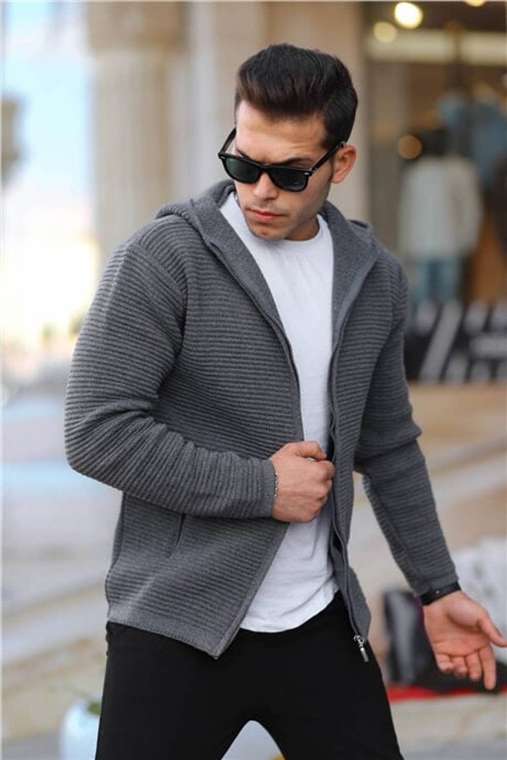 Fermuarlı Merdiven Örgü Kapüşonlu Triko Hırka/Ceket Füme