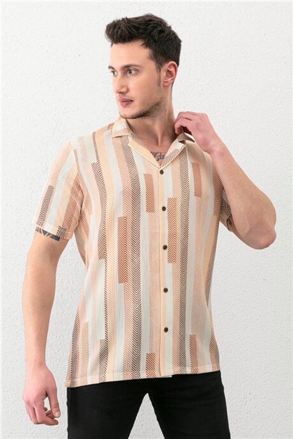 Beige Men's Bowling Collar Short Sleeve Regular Fit Shirt