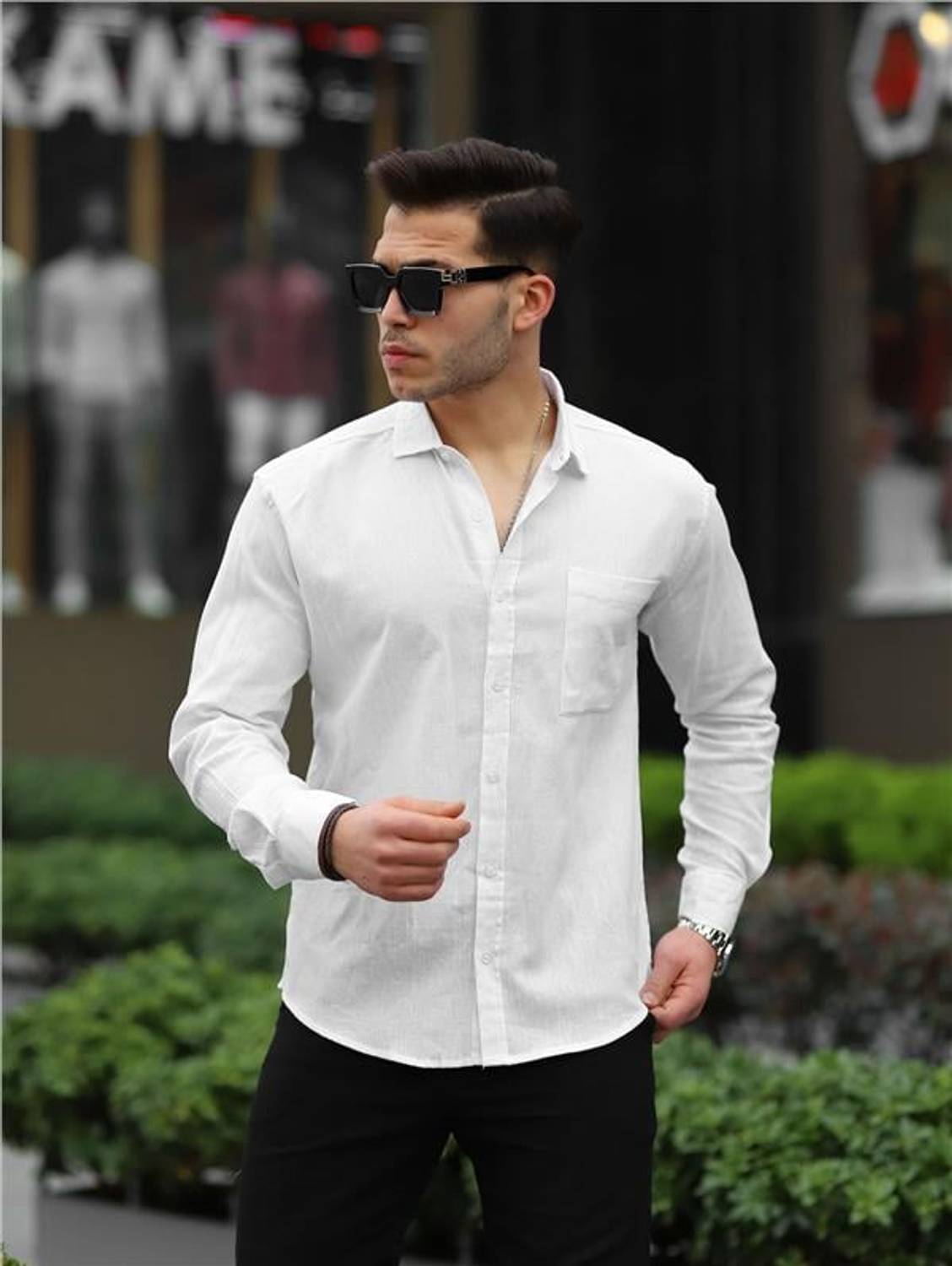 Однотонна біла сорочка з тканини Шіле з кишенею, 100% бавовна, доступна в розмірах S-M-L-XL-XXL